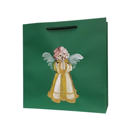 hand made okolicznościowe torby papierowe, ręcznie zdobione , świąteczna torba papierowa zielona aniołek